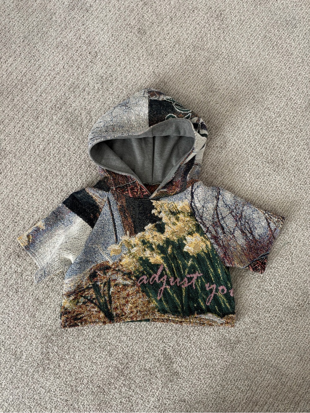 Cropped upcycled tapestry hoodie shirt